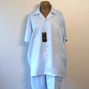 Unique 2pc Lt Blue Men's short sleeves pants set by God Body